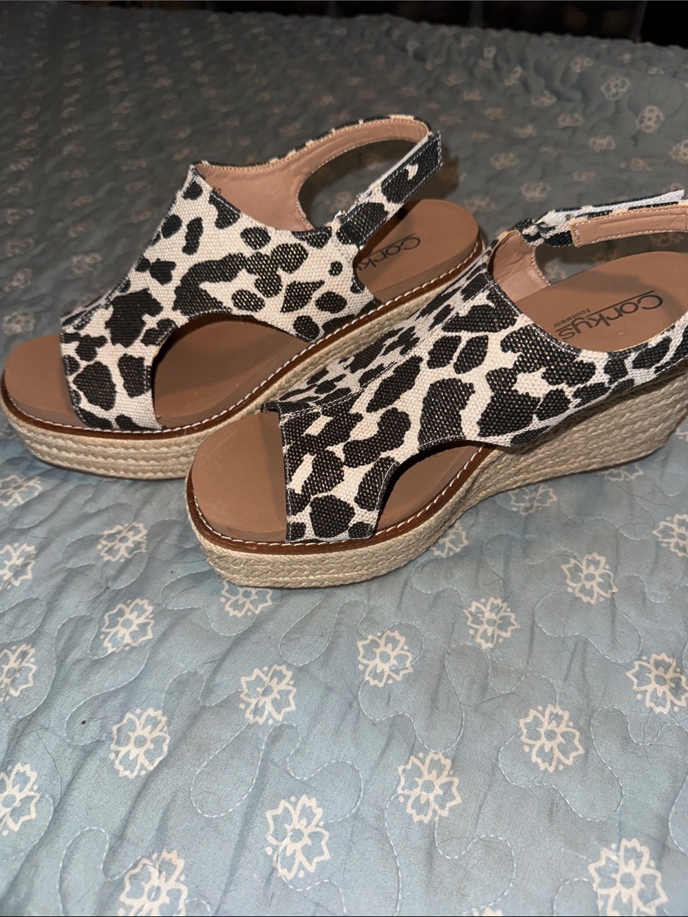 Corkys Black and White Leopard Espadrille Wedge Sandals